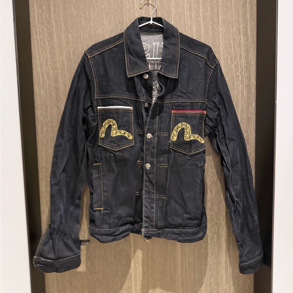 Evisu Dark Blue Denim Jacket with Yellow Embroidered Pocket Motifs